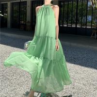 Polyester Slim One-piece Dress large hem design green PC