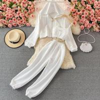 Polyester High Waist Women Casual Set slimming & three piece Long Trousers & camis & coat patchwork Solid : Set