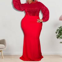 Polyester Slim & Plus Size Sexy Package Hip Dresses patchwork Solid red and black PC