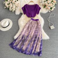 Acrylic Slim Two-Piece Dress Set & breathable patchwork purple Set