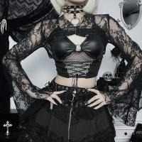 Polyester Women Long Sleeve Blouses midriff-baring & see through look & slimming & two piece black Set