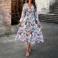 Polyester A-line & High Waist One-piece Dress deep V printed floral PC