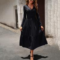 Polyester Waist-controlled & A-line Autumn and Winter Dress deep V Solid PC