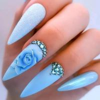 Plastic Creative & Easy Matching Fake Nails with rhinestone floral blue Set