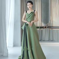 Polyester Plus Size Long Evening Dress large hem design & off shoulder patchwork Solid green PC