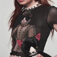 スパンデックス & ポリエステル 女性半袖Tシャツ 印刷 猫 黒 一つ