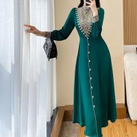 Polyester Slim One-piece Dress mid-long style green PC