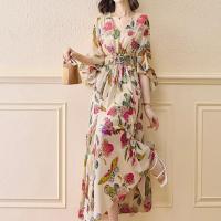 Polyester Slim One-piece Dress printed floral yellow PC