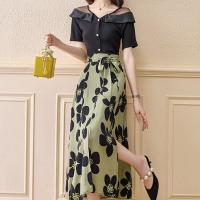 Polyester Slim One-piece Dress side slit printed floral green Set