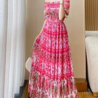Polyester Einteiliges Kleid, Gedruckt, Floral, Fuchsia,  Stück
