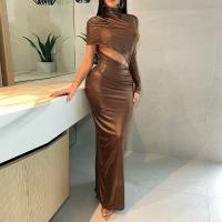 Polyester Slim Sexy Package Hip Dresses & hollow Solid brown PC