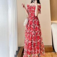 Polyester Slim One-piece Dress printed shivering red PC