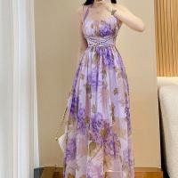 Polyester Slim One-piece Dress printed floral purple PC