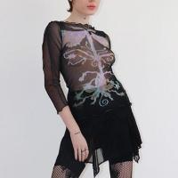 Spandex & Polyester T-shirt femme à manches trois quarts Imprimé Noir pièce