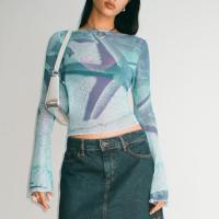 Spandex & Polyester Slim Women Long Sleeve T-shirt midriff-baring printed blue PC