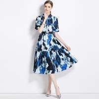 Polyester Waist-controlled & Soft One-piece Dress mid-long style printed blue PC