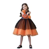 Polyester Princess Girl One-piece Dress large hem design patchwork Solid two different colored PC