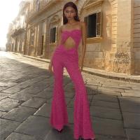 Polyester High Waist Long Jumpsuit backless & off shoulder & hollow patchwork Others fuchsia PC