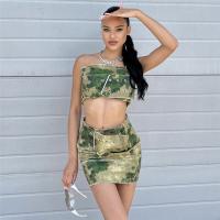 Polyester High Waist Two-Piece Dress Set backless & two piece & off shoulder patchwork Others army green Set