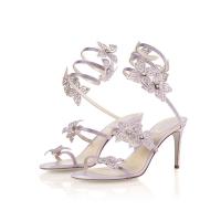 Microfiber PU Synthetic Leather & Rubber & Goat Skin Leather Stiletto High Heels Fish Head Sandals & with rhinestone floral Pair