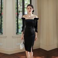 Polyester Slim & front slit One-piece Dress Solid PC