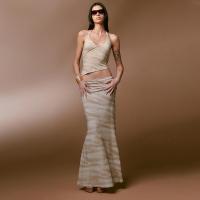 Polyester Two-Piece Dress Set midriff-baring & two piece & floor-length printed khaki Set