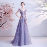 Sequin & Polyester Waist-controlled Long Evening Dress large hem design & deep V Solid purple PC