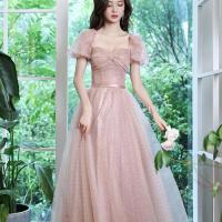 Polyester Waist-controlled Long Evening Dress large hem design Solid pink PC