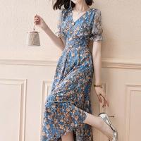 Polyester Einteiliges Kleid, Gedruckt, Floral, Blau,  Stück
