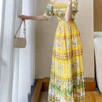 Polyester Slim One-piece Dress & tube printed floral yellow PC
