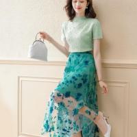 Polyester Tweedelige jurk set Afgedrukt Bloemen Groene Instellen