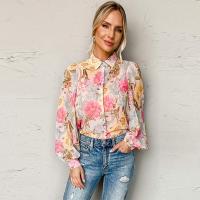 Polyester Women Long Sleeve Shirt & loose printed floral pink PC