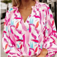 Polyester Women Long Sleeve Blouses & loose printed abstract pattern pink PC