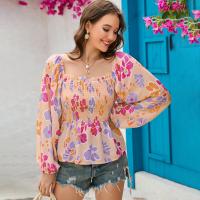 Polyester Waist-controlled Women Long Sleeve Blouses printed floral pink PC