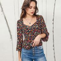 Polyester Waist-controlled Women Long Sleeve Blouses printed floral black PC