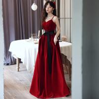 Polyester Plus Size Long Evening Dress large hem design patchwork Solid wine red PC