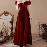 Polyester Plus Size Long Evening Dress & off shoulder patchwork Solid wine red PC