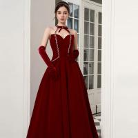 Polyester Plus Size Long Evening Dress backless & off shoulder patchwork Solid wine red PC