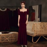 Polyester Plus Size Long Evening Dress  patchwork Solid wine red PC