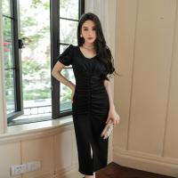 Polyester Slim & front slit Sexy Package Hip Dresses deep V Solid PC