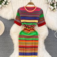 Knitted Slim & High Waist One-piece Dress printed striped multi-colored : PC