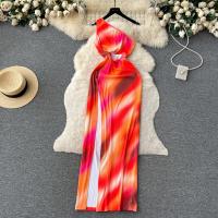 Polyester shoulder slope & Slim One-piece Dress side slit printed orange PC
