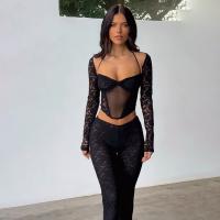 Lace & Polyester Lady Sexy Suit see through look & backless & two piece black Set