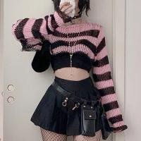 Knitted Women Knitwear midriff-baring & hollow striped pink PC