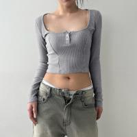 Knitted Crop Top Women Long Sleeve T-shirt flexible & slimming Solid gray PC