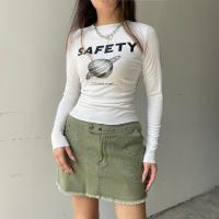 Polyester Vrouwen lange mouw T-shirt Afgedrukt Solide Witte stuk