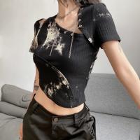 Cotton Women Short Sleeve T-Shirts midriff-baring & hollow Tie-dye black PC