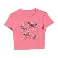 Cotton Women Short Sleeve T-Shirts midriff-baring & breathable printed butterfly pattern pink PC