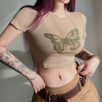 Cotton Women Short Sleeve T-Shirts midriff-baring & sweat absorption & breathable printed butterfly pattern khaki PC