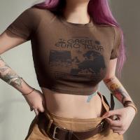 Algodón Mujeres Camisetas de manga corta, impreso, café,  trozo